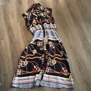Zara Navy and Gold Patterned Midi Dress